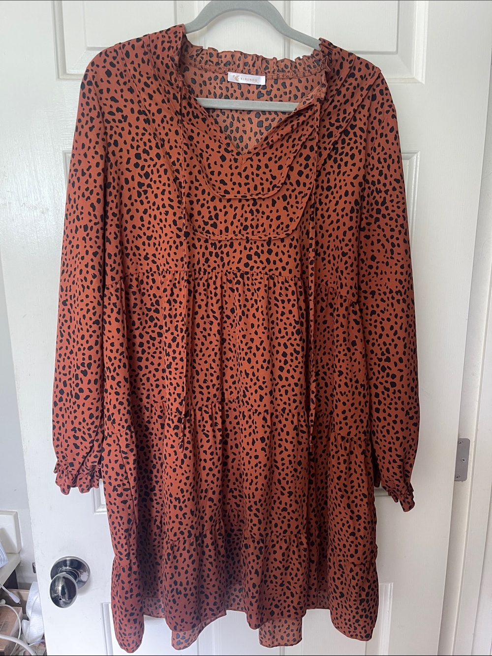 Ribbed Collar Rust Leopard-Print Long Sleeve Babydoll Dress